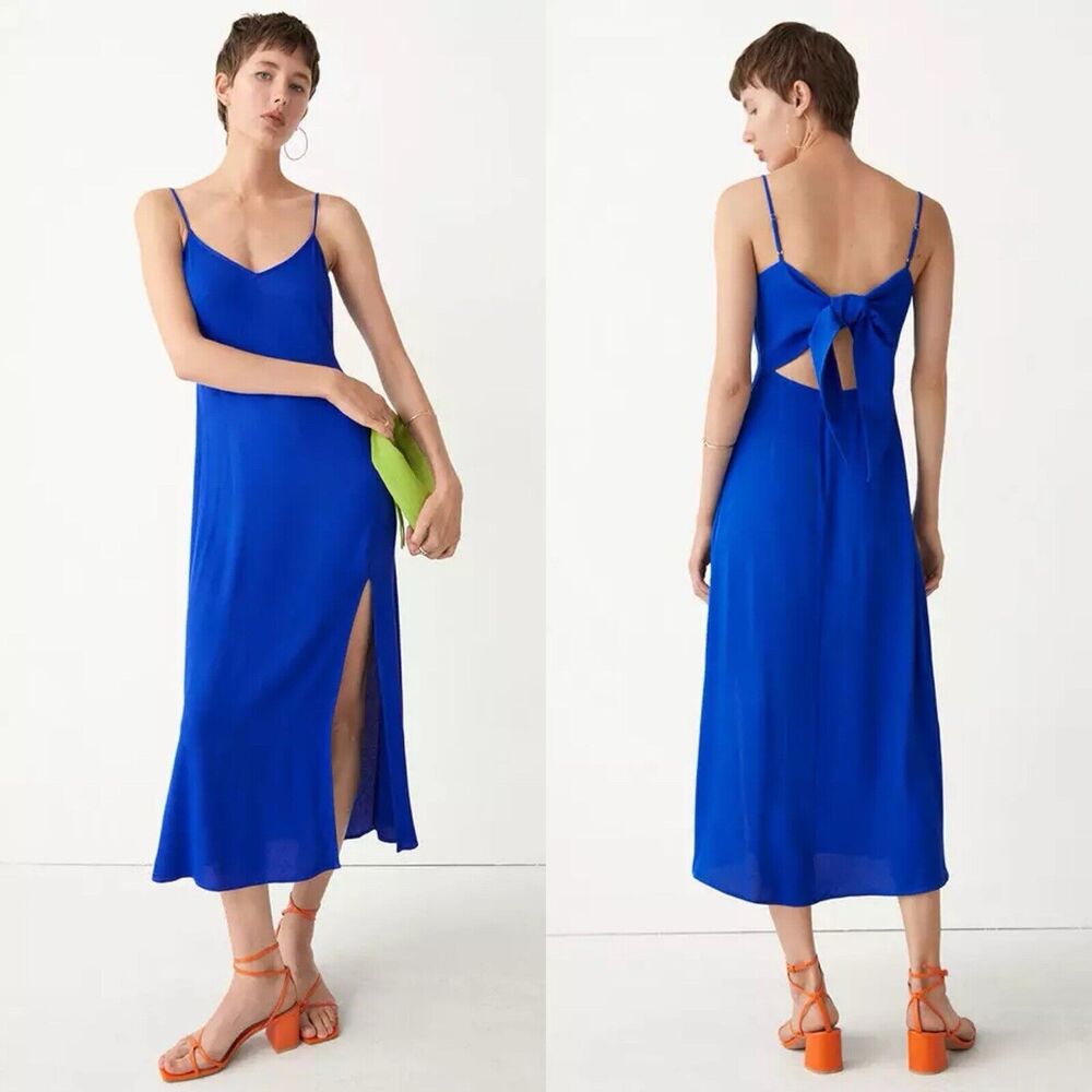 & Other Stories Royal Blue Midi Slip Dress Size 0 Tie Back Front Slit NWT $136